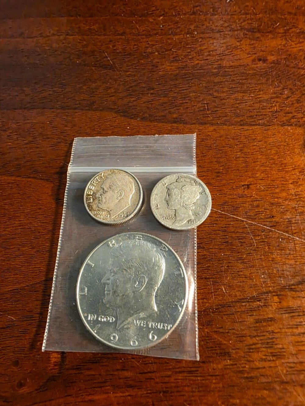 1966 40% SILVER KENNEDY HALF 1-MERCURY DIME AND 1-ROOSEVELT DIMES